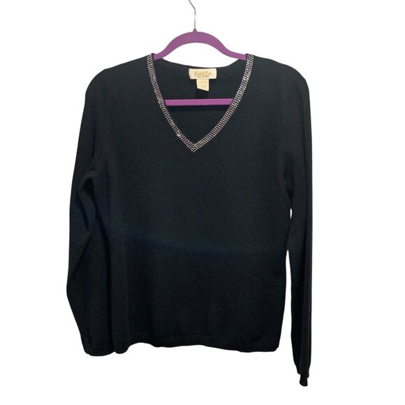 Vintage Peck & Peck Black 2 Ply Cashmere V Neck Embellished Sweater L Preppy - Picture 1 of 6
